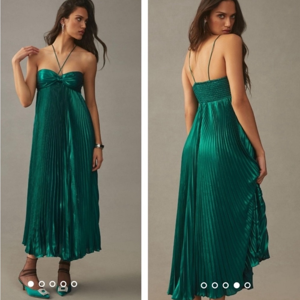 anthropologie green pleated midi dress